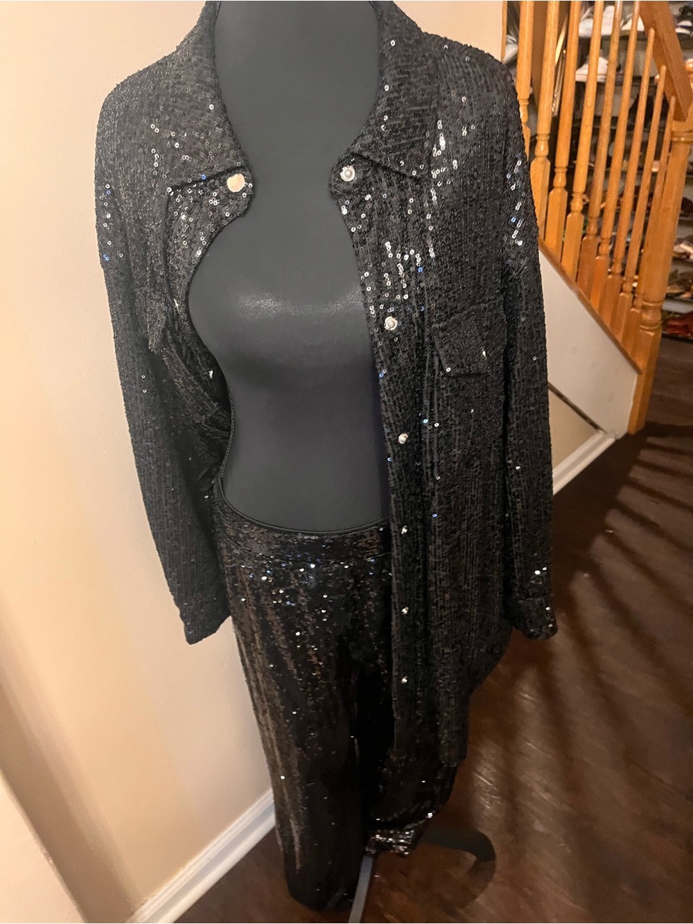 Black Sequin Two-Piece Set - Sparkling Shirt & Pants